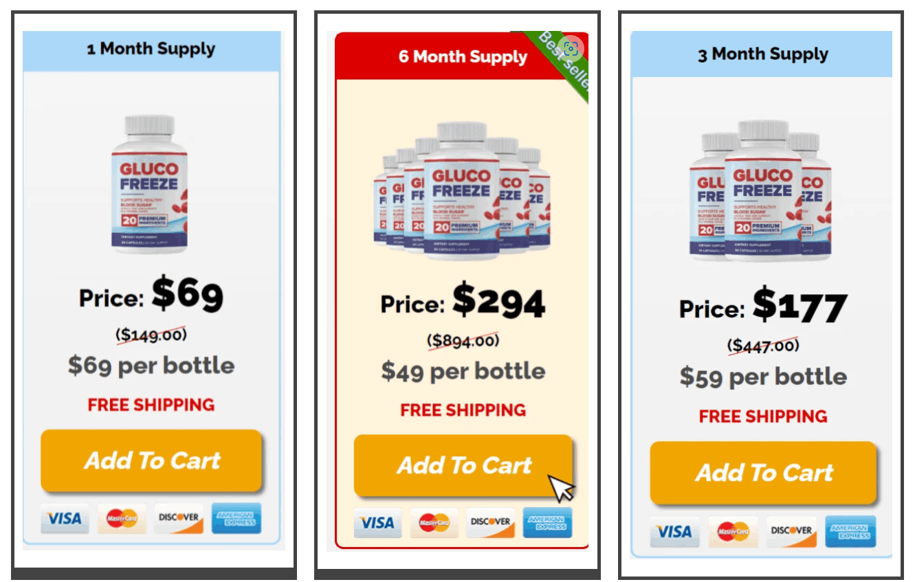 GlucoFreeze™ supplement bottles with pricing options